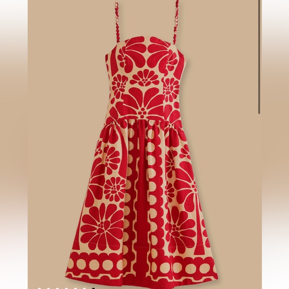 FARM Rio Red and Cream Strapless Dress